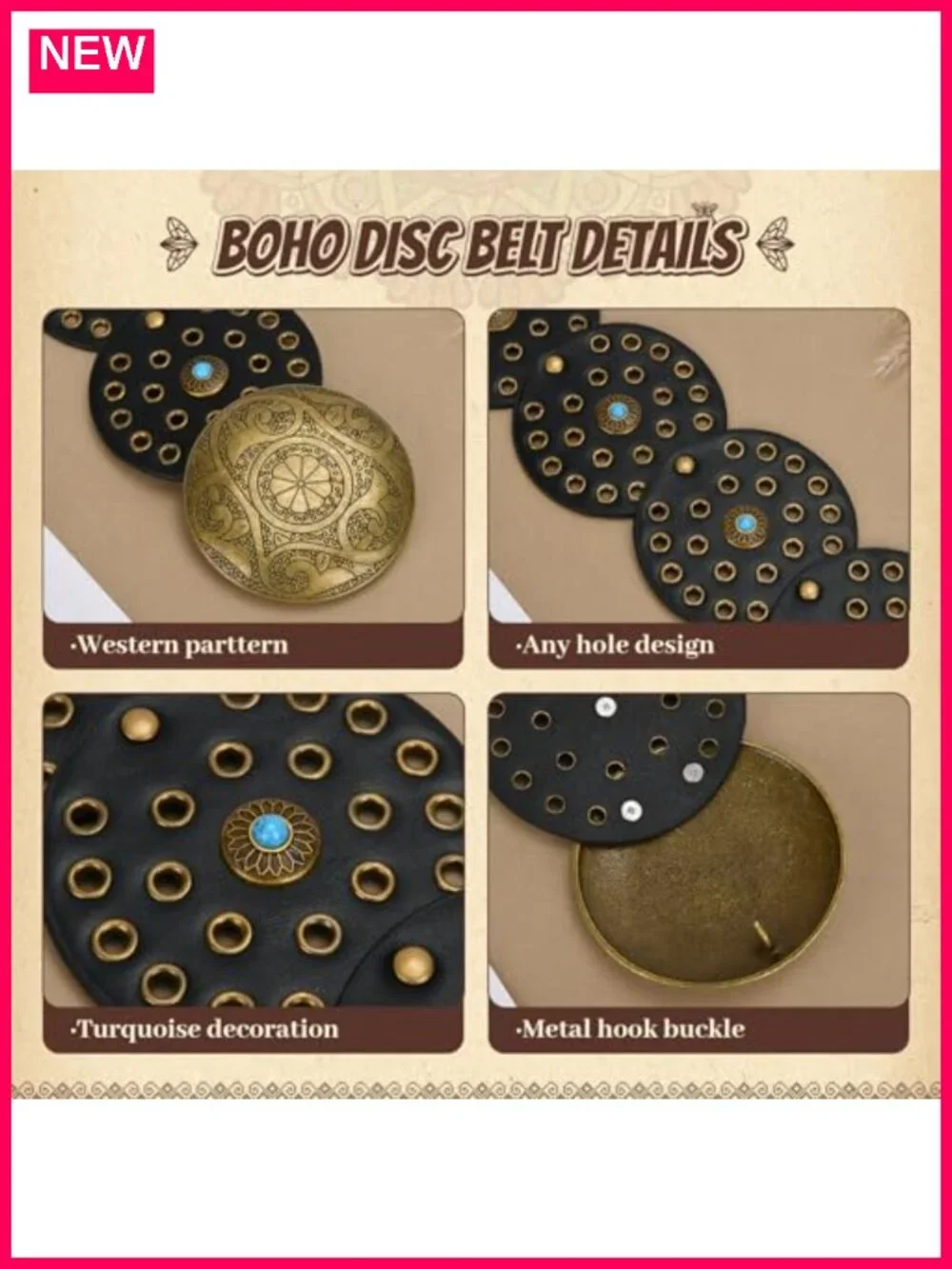 Western Leather Belt Women Boho Cowgirl Concho Turquoise Disc Waist Belt